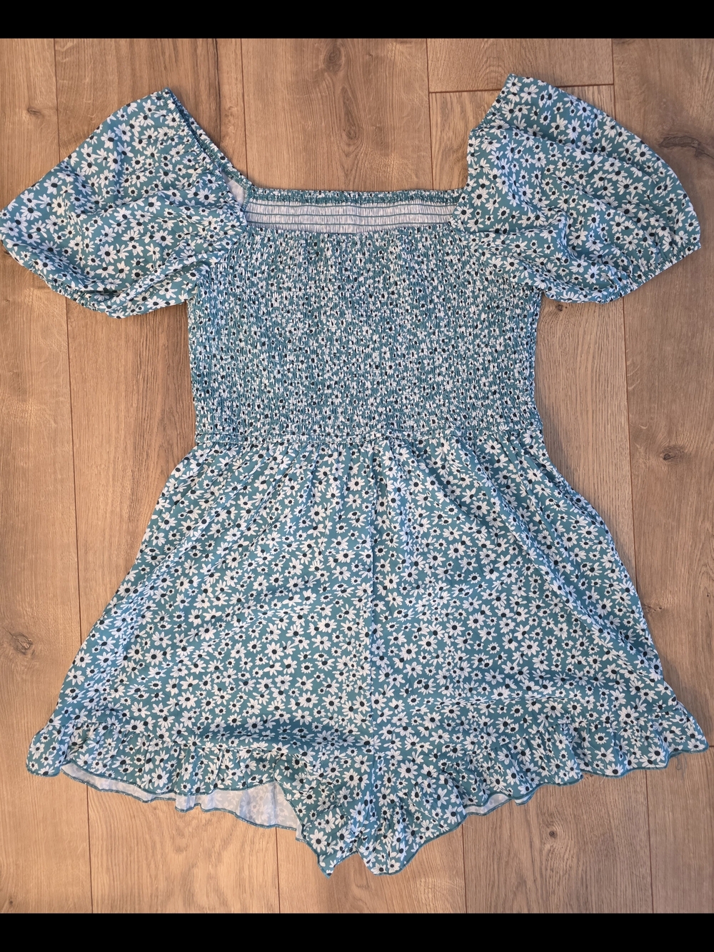 SHEIN Blue Floral Smocked Mini Romper with Puff Sleeves